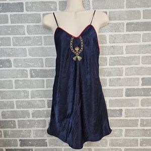Vintage Val‎ Mode Slip Dress P Small Navy Blue Embroidered Chain Lingerie Satiny